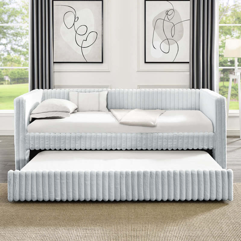 Lit de jour gris rembourré simple avec fonction polyvalente et tissu coulissant, Gris clair