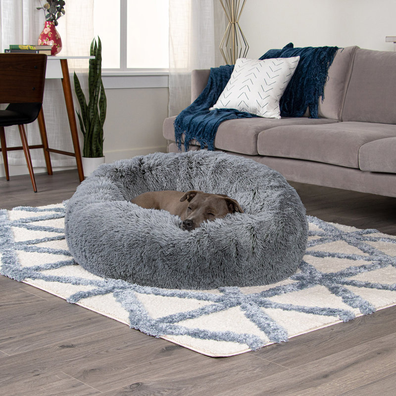 Large Gray Faux Fur Orthopedic Donut Dog Bed