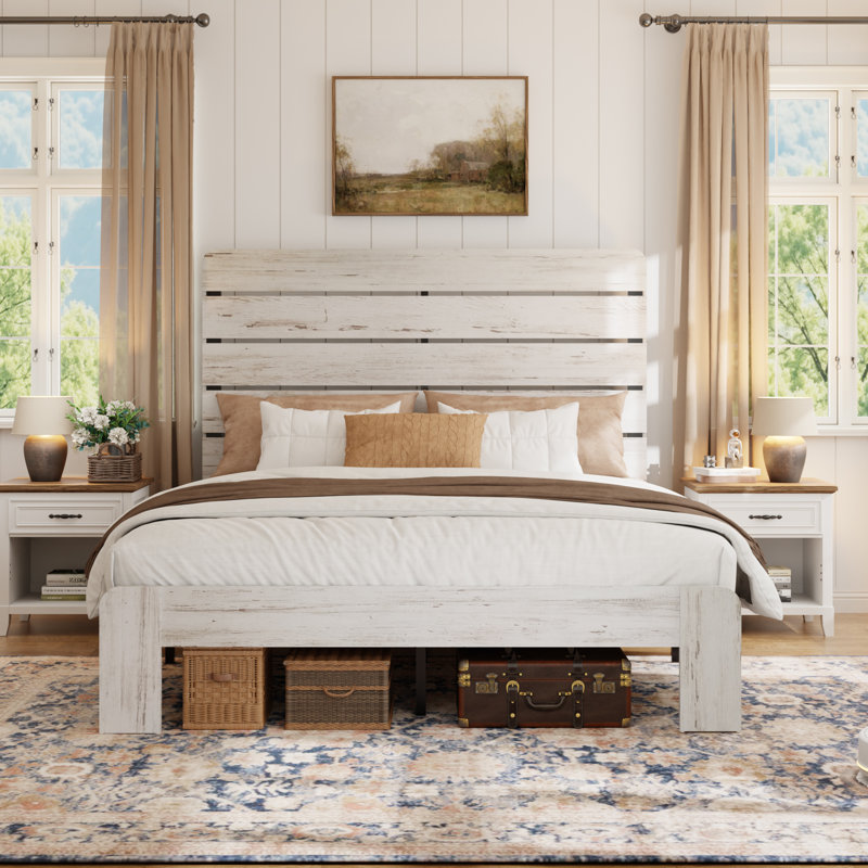 Wooden Bed Frame with Headboard, Queen, White