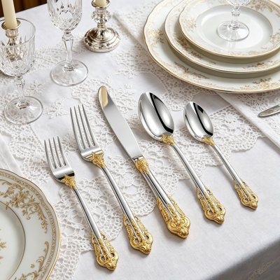 18/10 Stainless Steel Flatware Set, 20 Pieces, Service for 4, Silver with Gold Accents