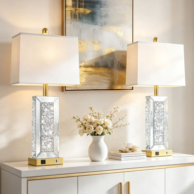 27.5” Modern Mirrored Table Lamp with USB & Type-C, 3-Way Touch Control