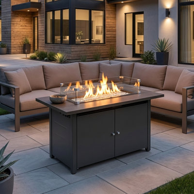 Table de foyer d'extérieur au propane 64 po avec panneaux d'extension à grain de bois pliable, foyer au gaz 60 000 BTU, pare-vent en verre et armoire de rangement cachée