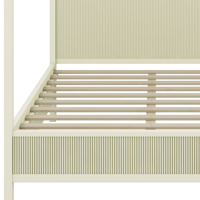 Lit plateforme robuste avec auvent et lattes en bois, Beige
