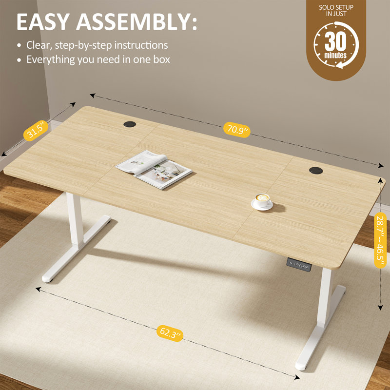 Bureau debout réglable électrique Oishee, 46,5 po H x 70,9 po L x 31,5 po po, Jaune / Blanc