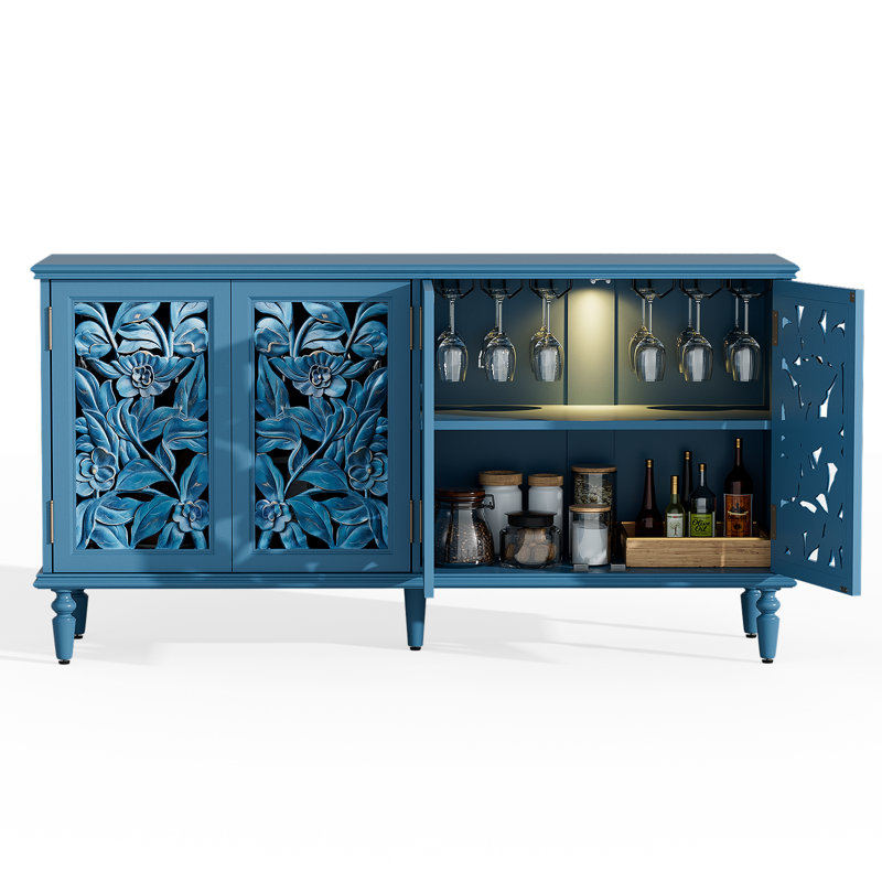 Traditional 61'' W Sideboard with LED Light and Cable Management and Adjustable Shelves, Blue