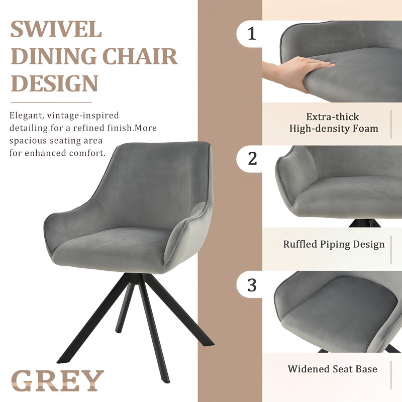 Gefjun 46cm H Swivel Dining Chairs, Modern Upholstered Armchairs for Dining Room Kitchen Living Room, Light Grey Velvet
