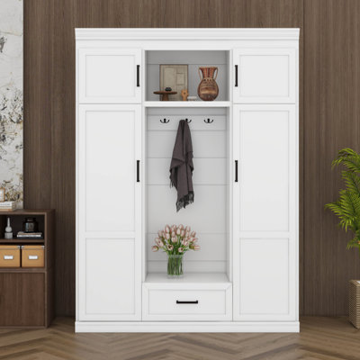 Arbre d'entrée 85,5 po avec banc, armoire de rangement pour hall d'entrée avec 3 crochets, portemanteau avec 4 portes, 1 tiroir et tablettes réglables