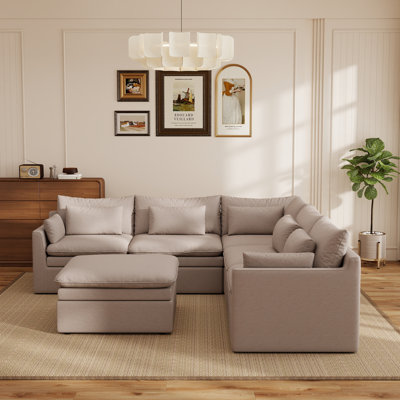 6-Piece  Double Layer Cushion Corner Sectional Sofa With Ottoman