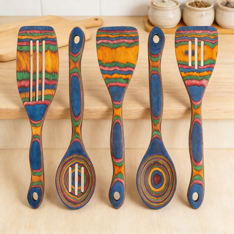 Wooden Cooking Utensils Set - 5 Piece Non-Scratch Kitchen Tools For Non-Stick Cookware, Heat Resistant With Comfortable Grip For Mixing, Flipping And Serving