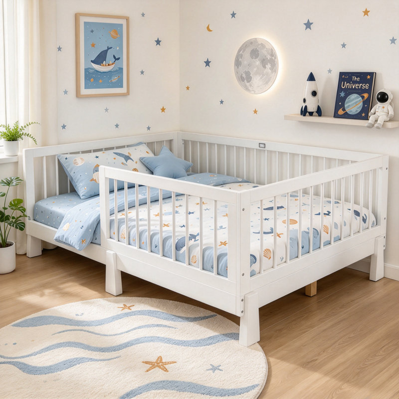 Lit double sur pied en bois Montessori avec garde-corps, lit de jour convertible 3-en-1 en lit plateforme pour enfants, cadre de lit multifonctionnel pour chambre de garçon, blanc