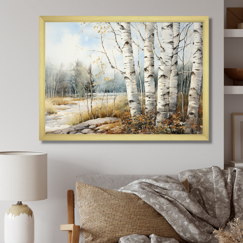 Beauté de bouleau beige et gris I sur toile, Cadre photo doré simple, H 12 po x l 20 po x P 1 po