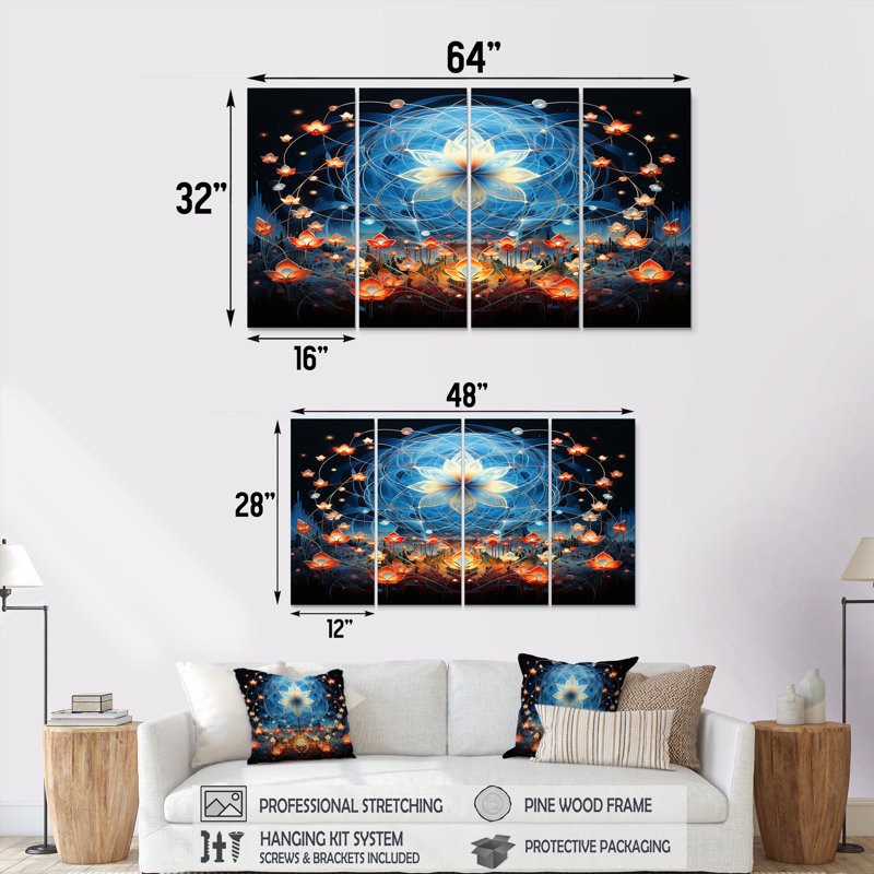Torince - Art mural floral moderne 4 pièces, H 32 po x l 64 po