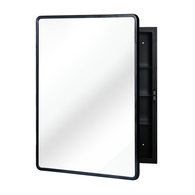 Armoire à miroir noire avec cadre en métal 24 po x 30 po - pour fixation murale dans la salle de bain ou 3 tablettes réglables encastrées, verre trempé de 1 cm