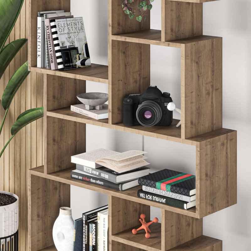 Modern Bookshelf with Numerous Shelves, Hitit Brown, 37.8 x 66.3 x 10.0 inches | 100% Melamine Coated Particle Board, Thickness: 0.7 inches | Wall-Mountable Design, Stylish & Functional Storage Solution for Home & Office