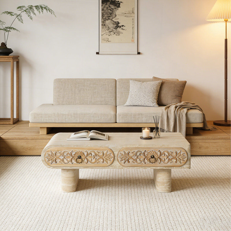 Table basse à bord arrondi avec tiroir en bois massif à motif floral, table basse de salon, bureau