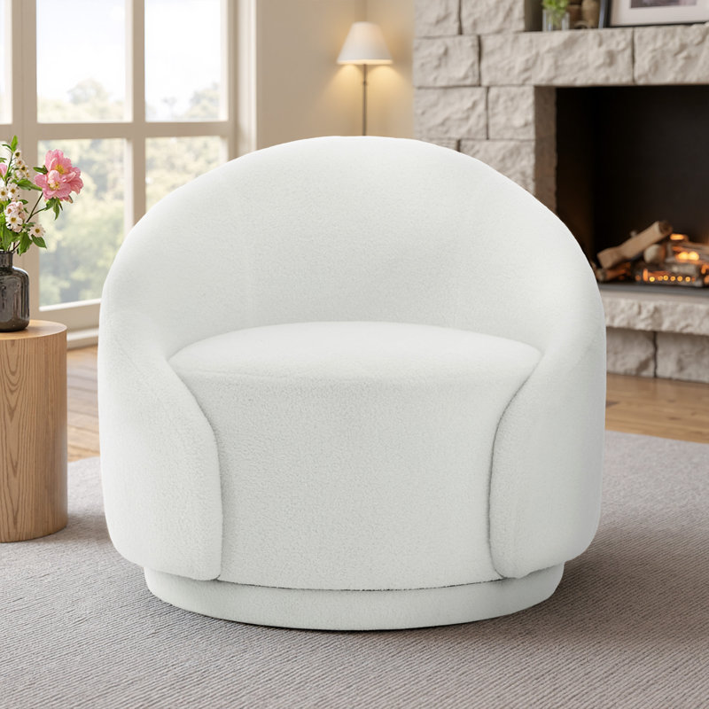 Aunna Upholstered Swivel Barrel Chair, White Boucle
