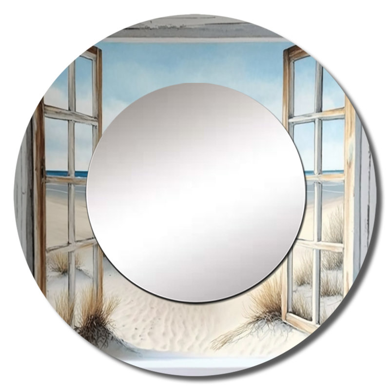 Signy Window To The Beach II - miroir mural décoratif de plage, grand miroir rond gris, impression d'art en métal