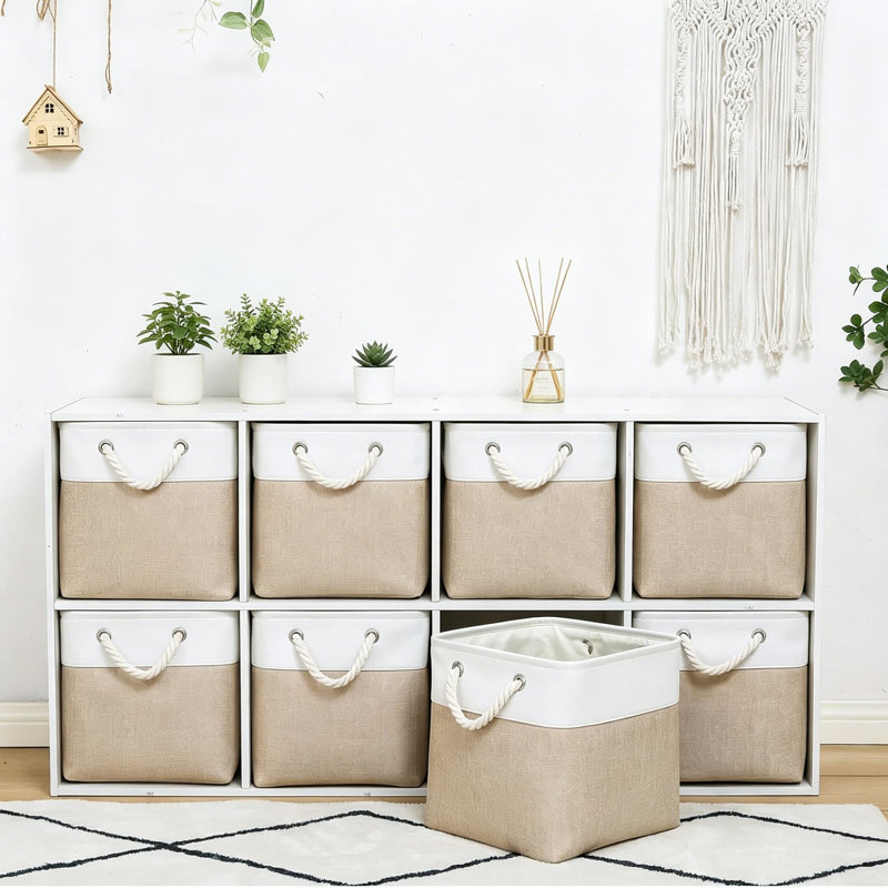 Bacs de rangement 11 x 11 pouces, 8 bacs de rangement pliables avec tissu imperméable, grands cubes de rangement avec poignées en corde pour le placard, vêtements de rangement, jouets, livres, blanc et beige