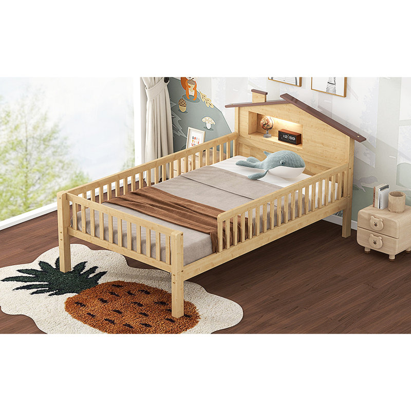  Lit plateforme avec tête de lit en forme de maison, DEL et rangement intégré, Lit simple, Naturel