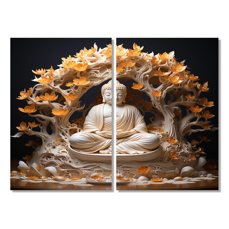 Bouddha blanc dans un arbre en fleurs orange - bouddhisme spirituel, impressions sur toile, H 36 po x l 48 po, Toile tendue