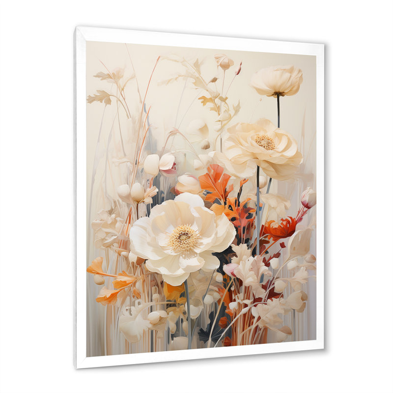 " Beige Flowers In Full Bloom I ", White Picture Framed, 32" H x 24" W x 1" D