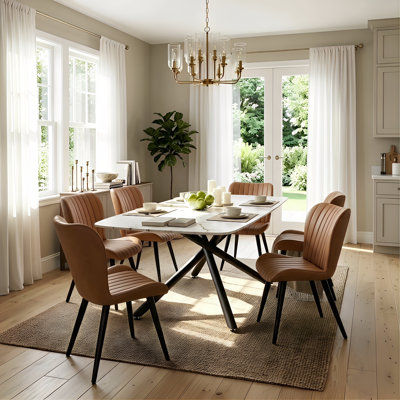 Modern Rectangular Glass Dining Table Set For 6, Kitchen Dining Room Furniture Set With Tempered Glass Top & PU Leather Chairs, For Home Apartment Small Space, White Tabletop, Brown Chairs