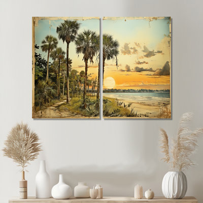 Collage rétro de la Floride, palmiers et plage V - art mural vert
