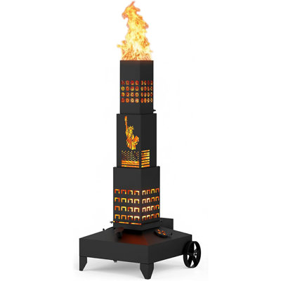 Chauffage de terrasse extérieur multicombustibles en forme de Statue de la Liberté (130 cm), avec réservoir de 27 litres et housse de protection.