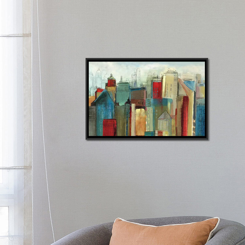 «Sunlight City», reproduction sur toile, H 18 po x l 26 po x P 1,5 po, Toile avec cadre noir, Pas de tapis