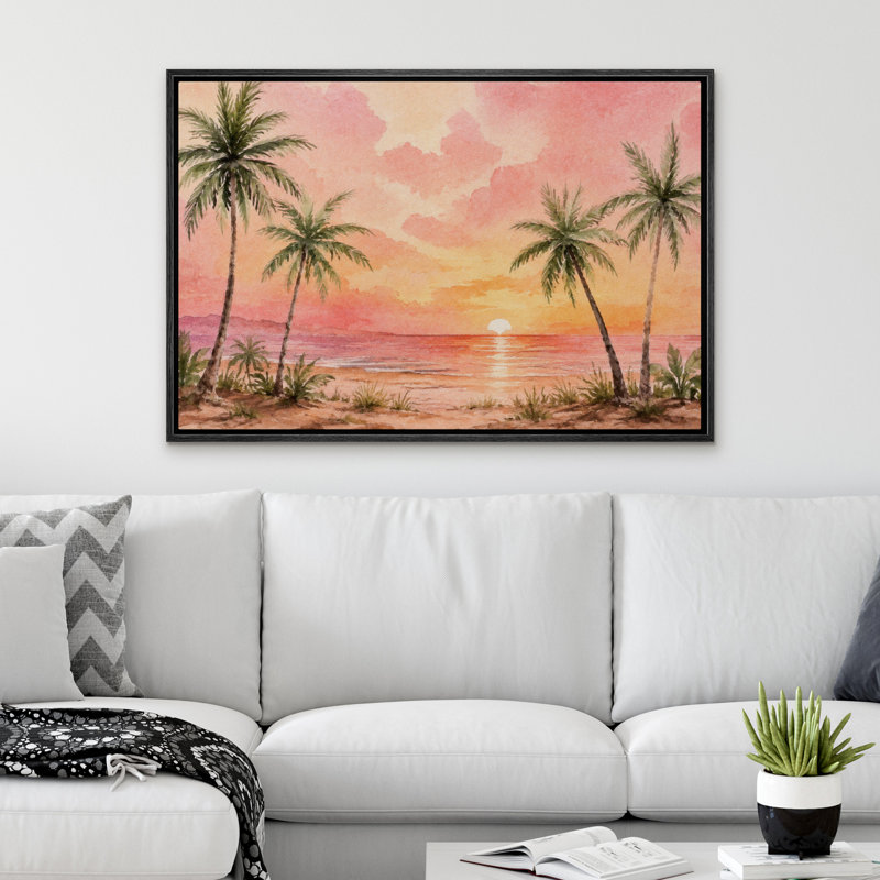 «Tropical Palm Tree Sunset Beach Landscape Coastal Artwork», reproduction d'art sur toile encadrée, H 16 po x l 24 po, Noir
