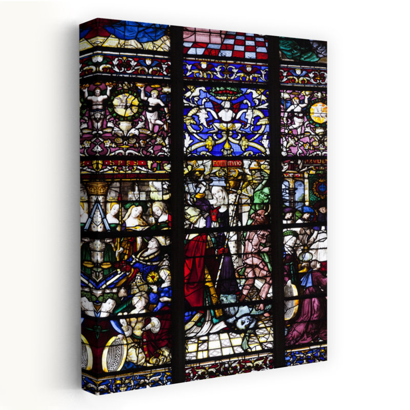 Low Angle View Of Stained Glass Window Of A Cathedral Notre Dame De Paris Rouen Seine-Maritime Department Normandy France by Walter Bibikow - Wrapped Canvas Print