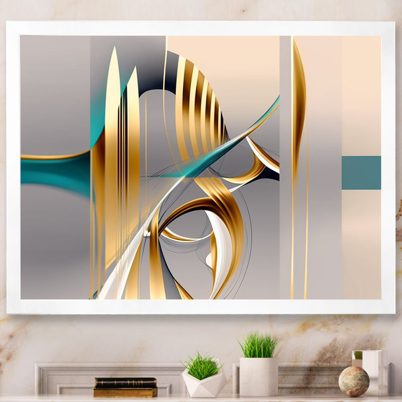 «Minimal Gold Abstraction On Turquoise Horizon I», art mural fractales, Cadre simple blanc, H 24 po x l 32 po x P 1 po