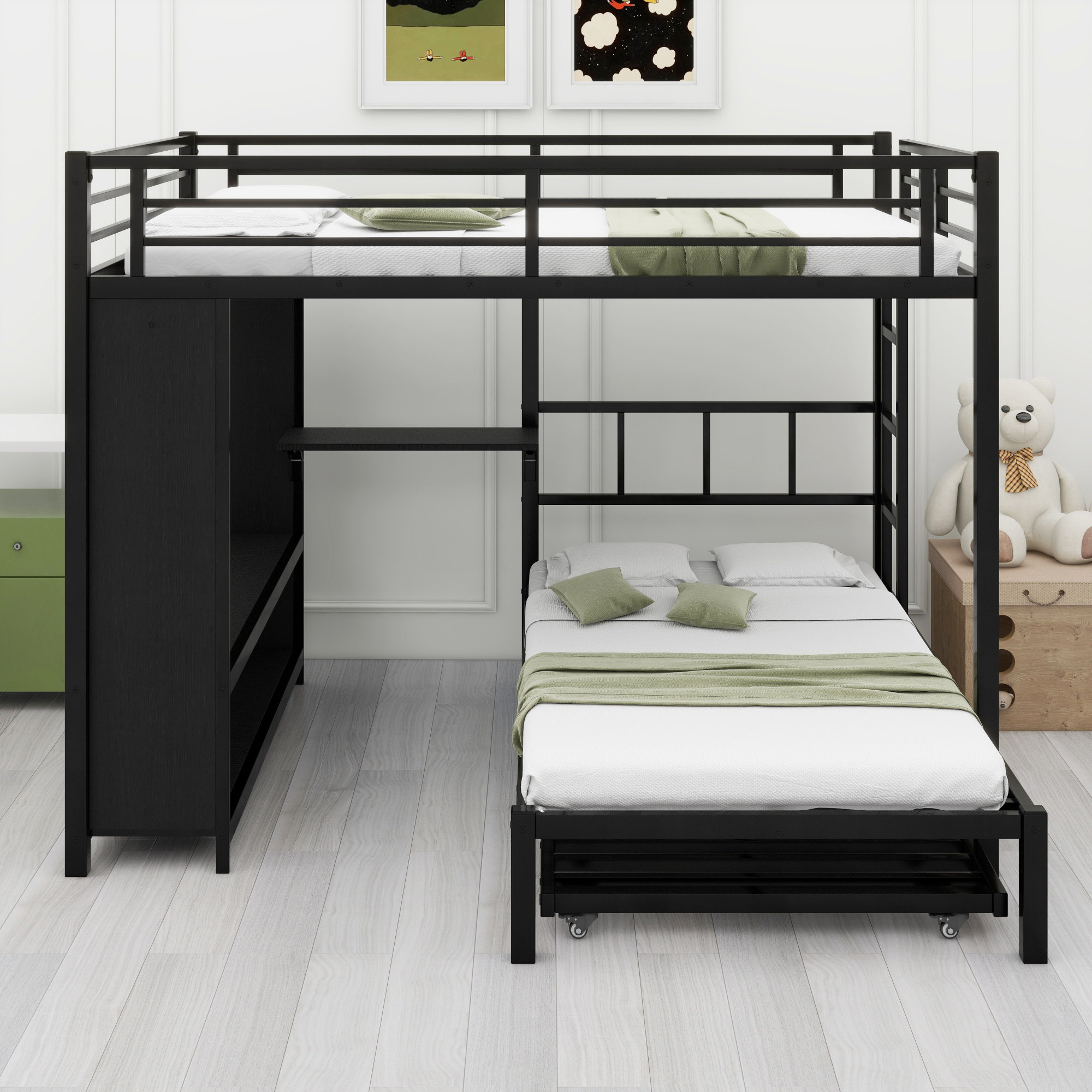 Latitude Run® Bunk Bed With Built-In Wardrobe,Trundle And Foldable Desk
