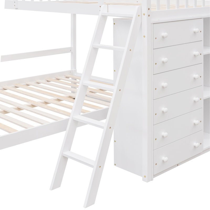 Lit superposé simple au-dessus d'un lit double en bois avec six tiroirs et tablettes flexibles, lit inférieur à roulettes, blanc
