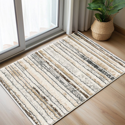 Modern Minimalist Striped Area Rug in Brown/Cream/Grey for Living Room, Hallway, Entryway Rugs