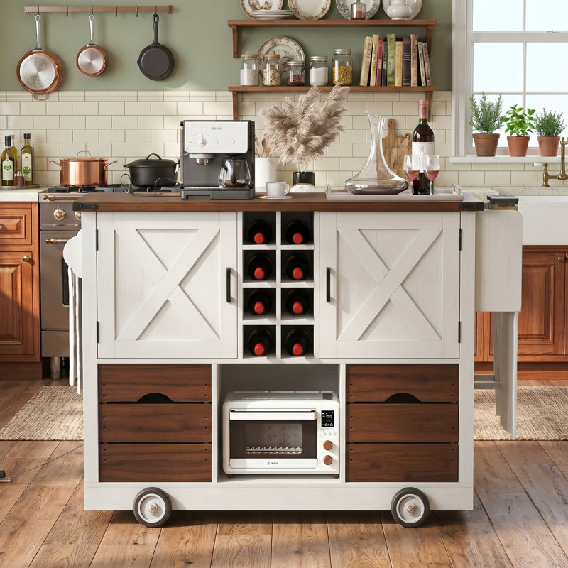 54" White Farmhouse Rolling Kitchen Island with Drop Leaf, Power Outlet, Spice Rack, 2 Doors & 2 Drawers, White