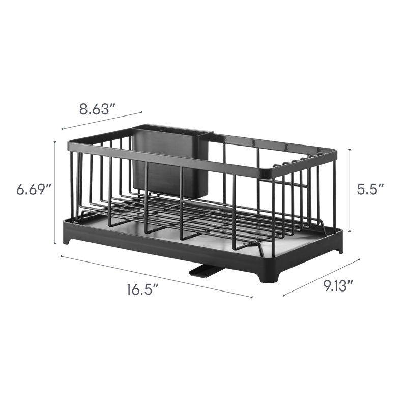 Yamazaki Home Wire Dish Drainer Rack with Removable Drainer Tray with Spout, Utensils Holder, Steel, Black