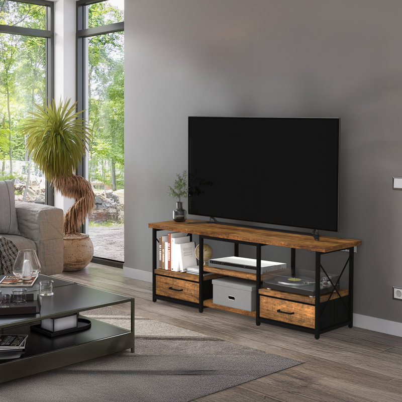Industrial Tv Stand With Open Storage And Fabric Drawers For 55-65 Inch Tvs – Perfect For Living Room And Bedroom., 55.1"