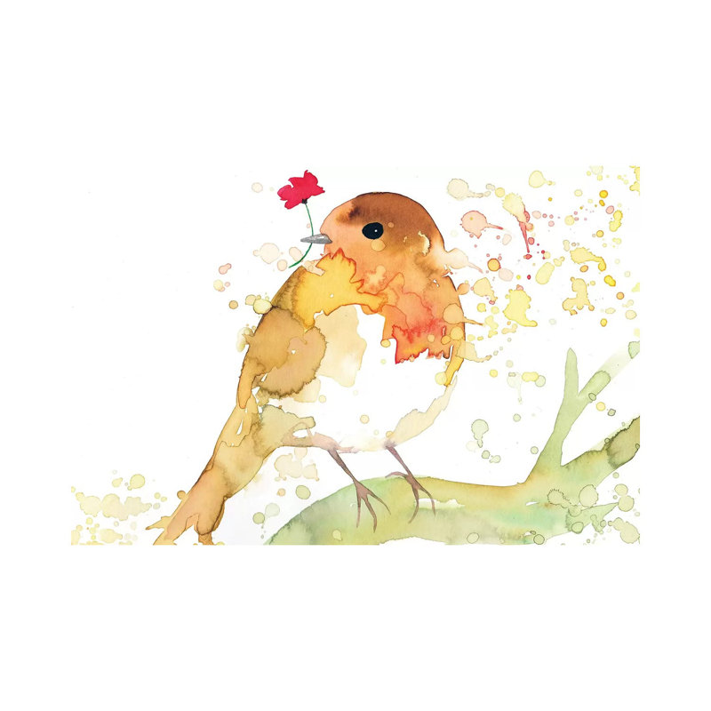 Robin avec coquelicot - reproduction d'art, Toile tendue, Pas de tapis, H 18 po x l 26 po x P 1,5 po