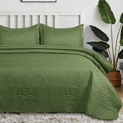 Ensemble de literie avec courtepointe pour lit très grand Qatan Lavable à la machine | Ensemble de couvre-lit 3 pièces pour très grand lit (vert olive floral)