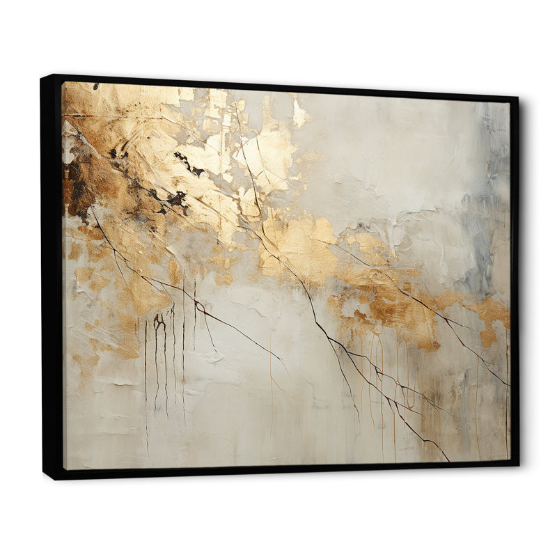 Art mural grand beige et or VI - formes abstraites, H 16 po x l 32 po x P 1 po, Cadre flottant noir