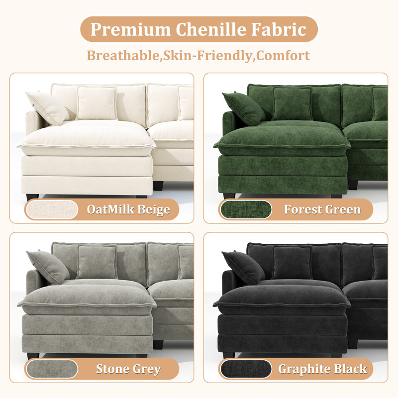 Canapé modulaire en L en chenille de 111,5 po avec 7 repose-pieds George, Beige