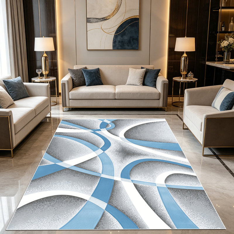 1PC Modern Abstract Blue Grey Swirl Geometric Line Pattern area rugs for Living Room, Soft and Comfortable, Suitable for all seasons, easy-to-maintain, machine washable Indoor floor mat, Under Table Farmhouse suitable for dining table area, bedroom