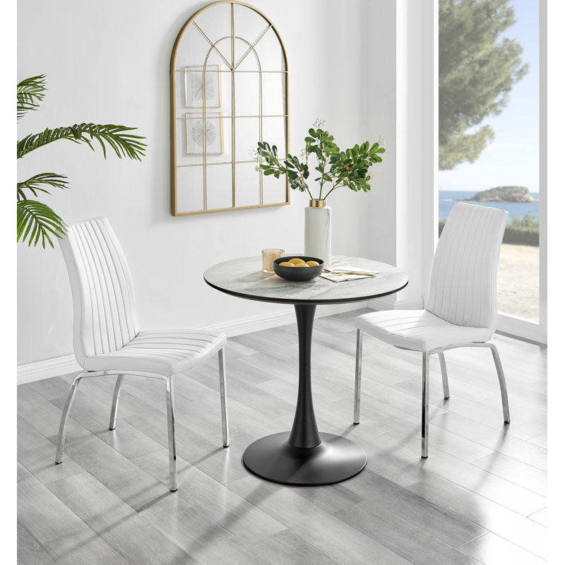 Ellis White Marble Effect Melamine Round Dining Table Set with 2 Soft Touch Faux Leather Chairs, White