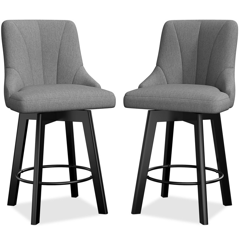 Dark Gray Fabric Upholstered Swivel Counter Stools with Wood Legs, Set of 2