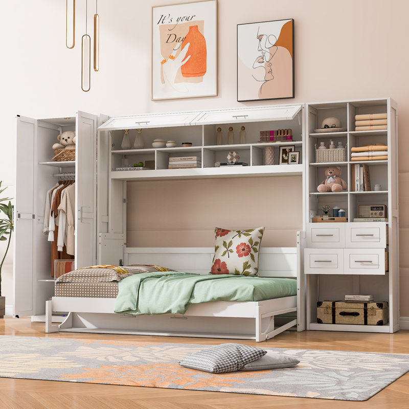 Lit escamotable double avec garde-robe, tiroirs et tablettes