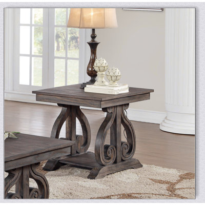 Classic Traditional End Table With Bottom Shelf And Scrolled Base, Dark Oak Finish, Durable Wooden Furniture For Living Room