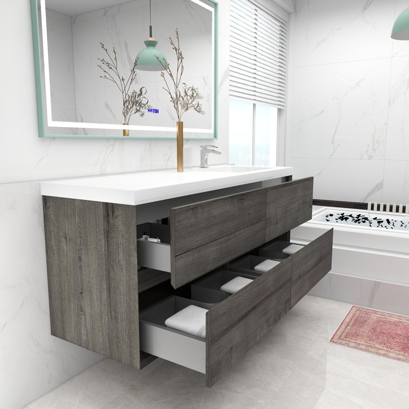 Moncear 59'' Single Bathroom Vanity with Acrylic Top, Smoke Oak