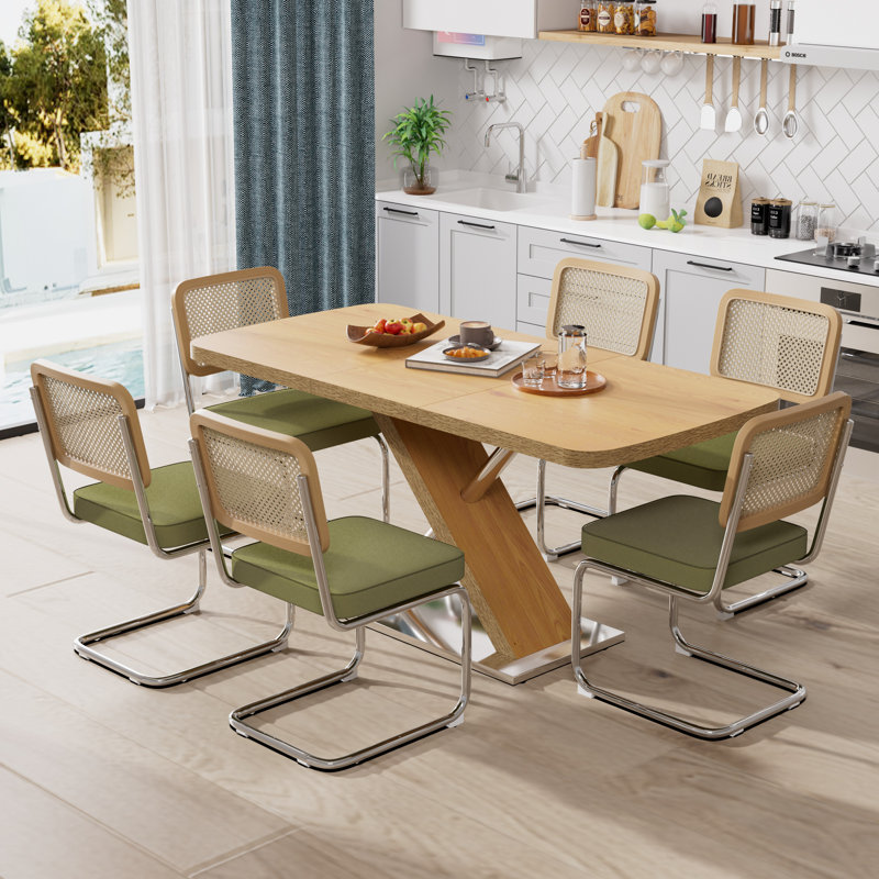 Ensemble de table de salle à manger extensible Modern Farmhouse pour 4 à 6 personnes, Naturel, Vert, 7
