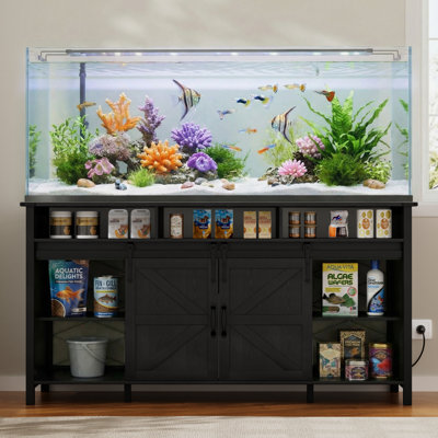 Farmhouse 55-75 Gallon Fish Tank Stand With Power Outlet, Aquarium Stand With Storage Cabinet And Sliding Barn Door, Heavy Duty Reptile Tank Stand, For 2 Tanks, 1000Lbs Capacity